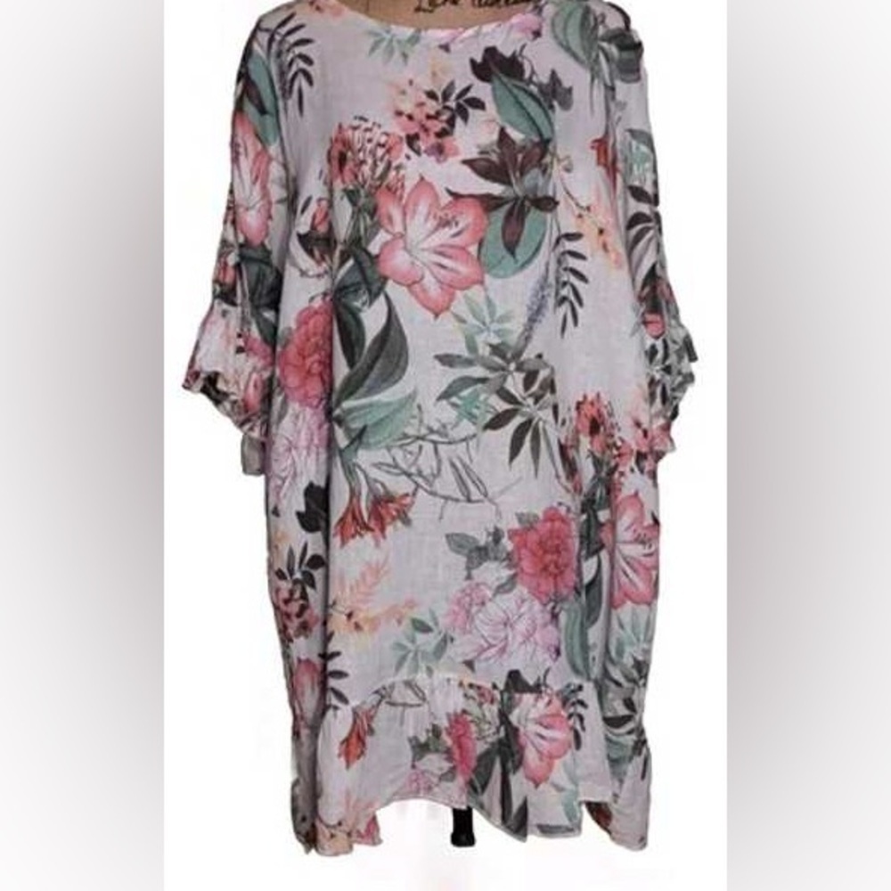 Piazza del Tempio 100% linen floral ruffle hem dress tunic size medium Italian